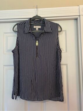 Michael Kors Navy and White Striped Sleeveless Zip Polo Top